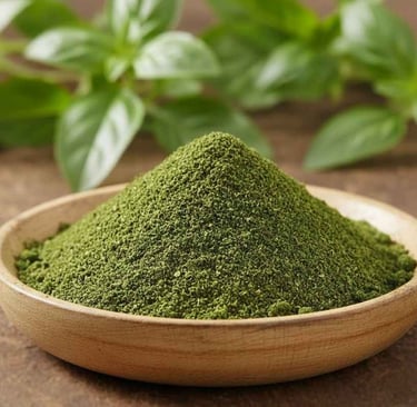 “Pure Holy Basil leaf powder front view – premium herbal export product”