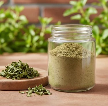 “Holy Basil leaf powder used in teas, supplements, and herbal formulations – lifestyle image”