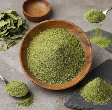 “Top view of finely milled Holy Basil (Tulsi) leaf powder – organic herbal ingredient”