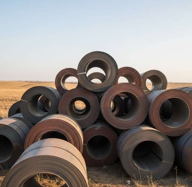 Bulk Hot Rolled Steel Coils stacked for export shipment in warehouse