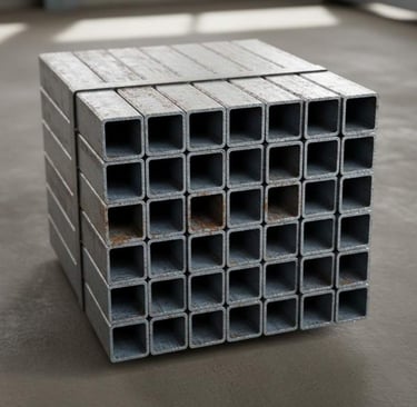 Right side view of structural square tubes for industrial applications.