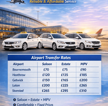 a table chart showing airport taxi fares from Southampton to Bournemouth airport, Heathrow Airport.