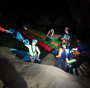 getting on rafts in passchendaele to get to the great wall of vietnam, hang son doong cave, vietnam