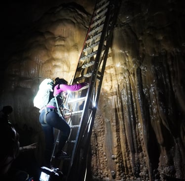 Fixed ladder at the base of the great wall of vietnam, hang son doong cave, vietnam