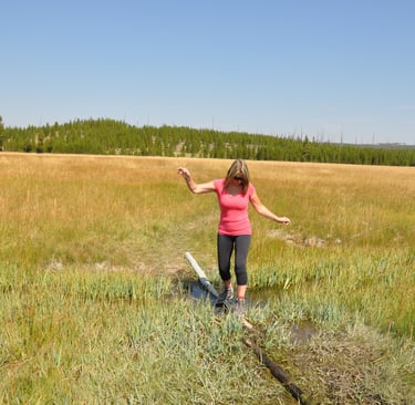 a woman in a pink shirt is walking across a field in yellowstone nation park