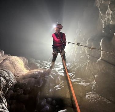 Nick Billington rappelling into the entrance of Hang Son Doong, Ke Bang National Park, Vietnam