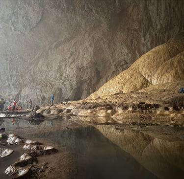 calcite pool terrace and large calcite formations at the green Gours, hang Son Doong cave, Vietnam