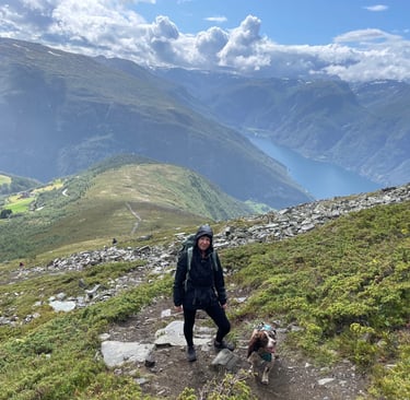 Walking up to a viewpoint on Blaskavlen to see the Aurlandsfjorden landscape, Norway