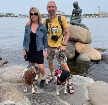 Nick and Tracey Billington at the little mermaid sculpture, copenhagen, denmark