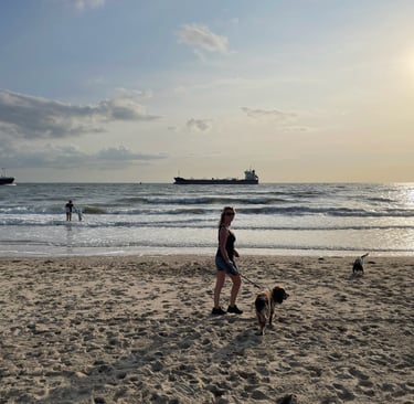 Tracey Billington on the beach at Strand Van Zoutelande, Netherlands