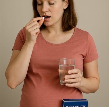 a woman in a pink shirt is holding a pill