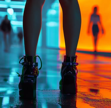 a person standing in a room with a pair of shoes