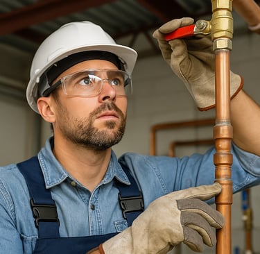 A professional plumber inspects industrial pipes and valves inside a modern commercial facility.