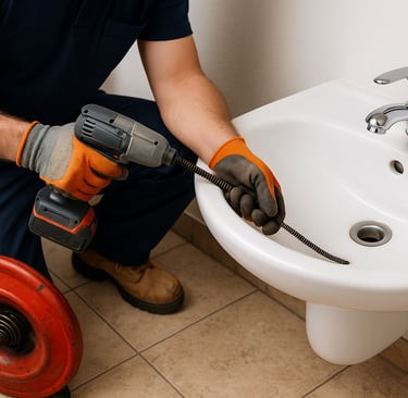 A professional plumber uses hydro jetting equipment to clean a residential drain pipe.