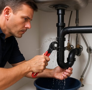A plumber kneels in a dimly lit basement repairing a burst water pipe.
