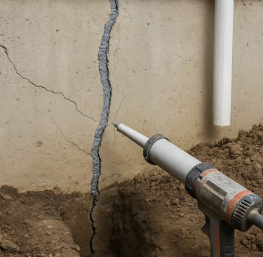 A worker repairs a concrete basement wall foundation using sealant and specialized tools.