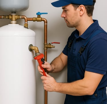 A professional plumber installs a new hot water tank in a clean utility room.