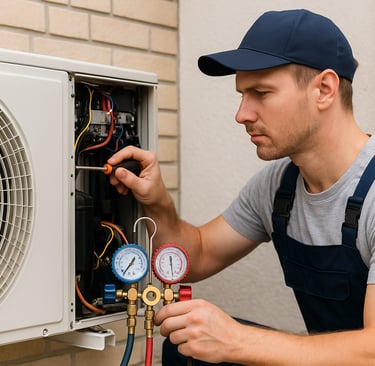 A professional HVAC technician services a residential air conditioner using precision tools.