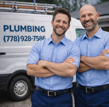Two of Kamloops best plumbers standing next to each other in front of a van.