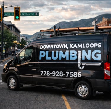 Professional plumbing van parked downtown Kamloops, clear branding, visible contact.