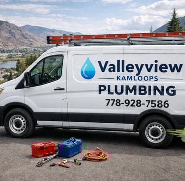 Professional Valleyview Kamloops plumbing service van with mountain backdrop and contact number.