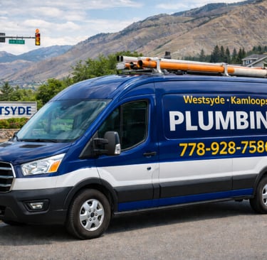 Blue-and-white plumbing van parked in Westsyde, Kamloops, with mountains backdrop.