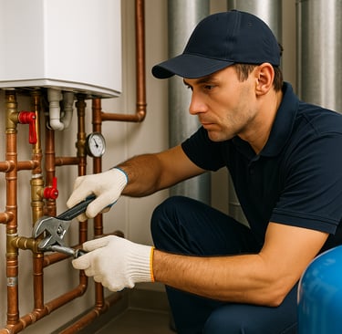 A plumber adjusts copper pipes beside a modern boiler in a clean utility room.