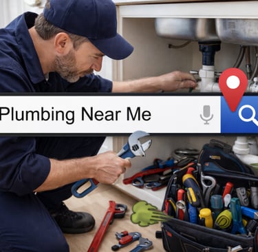 Local plumber fixing sink while smartphone search shows plumbing near me results.