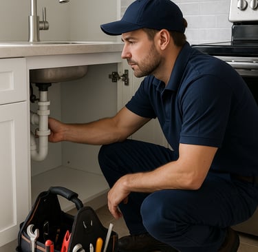 A focused plumber works beneath a modern kitchen sink with organized tools nearby.