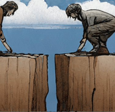 Two people looking at each other over a large crack in the earth.