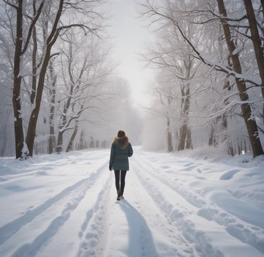 a woman walking down a snowy path in the snow