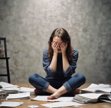 a woman sitting on a table with papers and papers