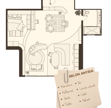 Plan d'un loft minimaliste, aux tons neutres et matériaux nobles