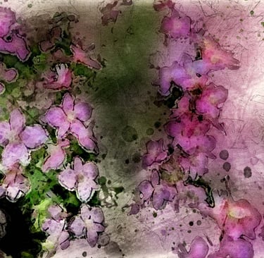 Watercolor of pink larkspur and green background digital and paint.