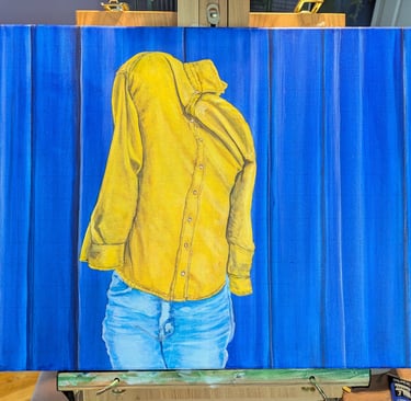 Rag and Bones Theatre acrylic painting of a bright yellow shirt and worn jeans against blue curtain. Collab with G. K. Allum