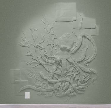 Digital mockup of an 18 foot X 8 foot 3D relief mural that will be painted fresco.