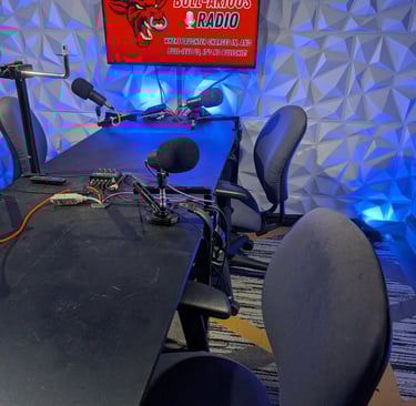 This typical podcasting / radio station set says it all.