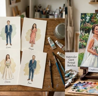 guest watercolor portraits, wedding portraits, couple wedding painting