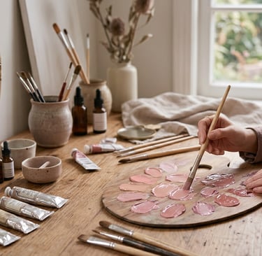 Artist painting commission, mixing color on palette, Winston-Salem, North Carolina