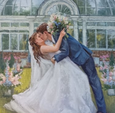 Reynolda Gardens Wedding Painting, First kiss painting in Winston-Salem, NC