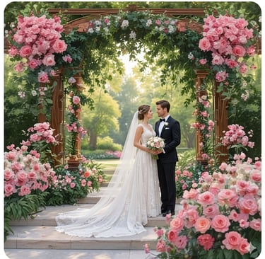 Live Painting of wedding ceremony with rose arch and green background in North Carolina
