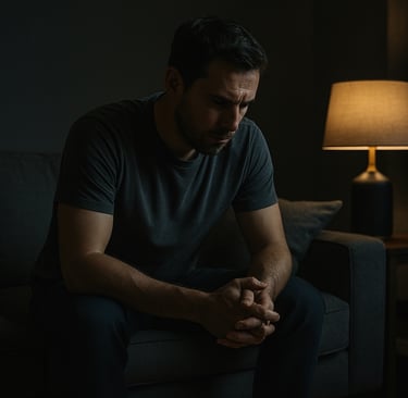 Man sitting alone on a couch at night, hands clasped, head down, reflecting on fatherhood guilt.