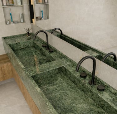 Detalhe de banheiro residencial em Itaipava com bancada em pedra verde natural
