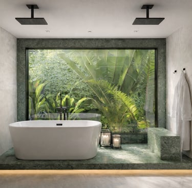 Projeto residencial alto padrão em Itaipava com banheiro spa, pedra verde e paisagismo