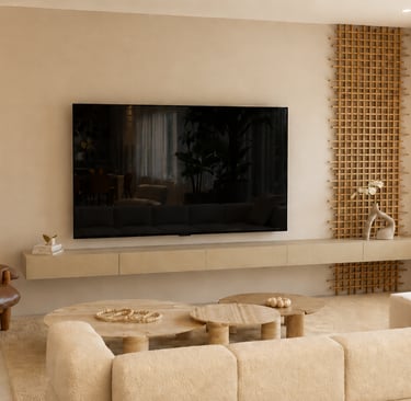 Projeto residencial de sala de estar com marcenaria, iluminação natural e interiores sofisticados