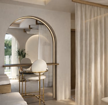 Suíte residencial na Barra da Tijuca com espelho orgânico, luz natural e interiores sofisticados