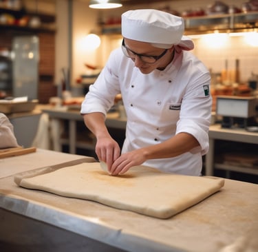 A baker wearing a white uniform and a red cap is carefully removing freshly baked bread from an industrial oven. The bread is displayed on a conveyor and appears golden brown with a dusting of flour on top. The setting is a commercial bakery with stainless steel equipment and machinery visible in the background.