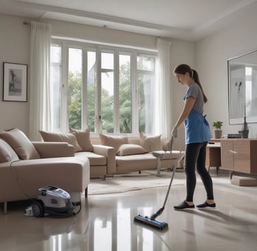 Image of a focused cleaner holding cleaning supplies indoors