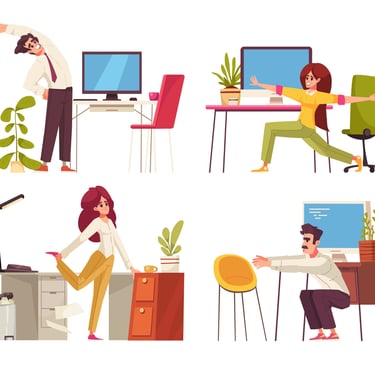 Office workers stretching at their desks to reduce the risk of poor blood circulation from prolonged sitting.