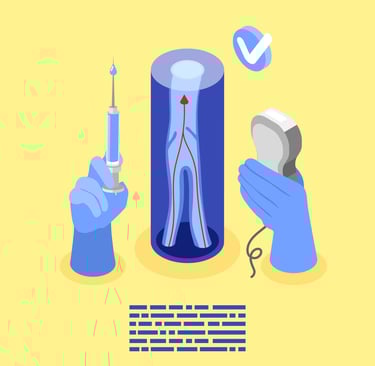 Illustration of a minimally invasive vascular procedure using ultrasound guidance and injection to treat vein conditions.